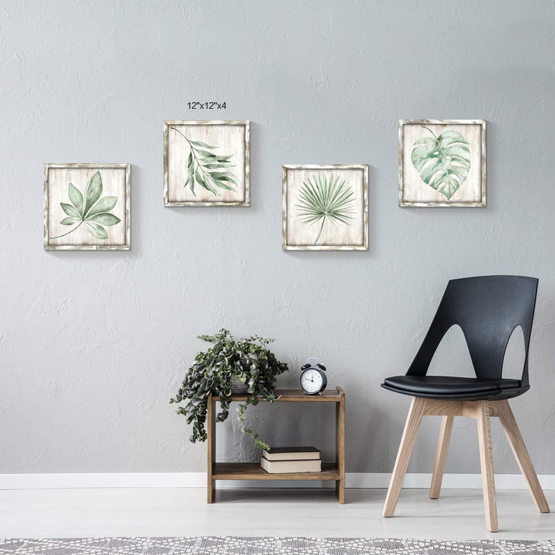 Hardy Gallery Green Leaves Prints Wall Art: Rustic Wooden Background Palm Tree Leaf Simple Life Painting for Bathroom Wall Decor (12 X 12 X 4) - Image 5